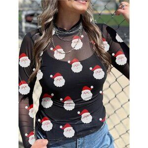 Christmas Santa Print Mesh Long Sleeve Top